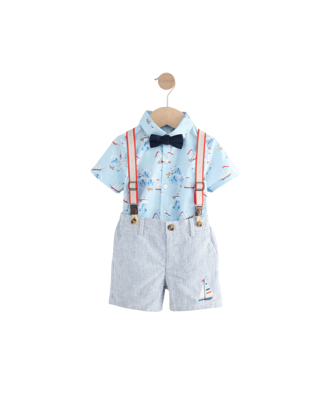 (Pre-Order) Blue/White Ship All Over Printed Shirt, Braces, Short & Bow Tie Set
