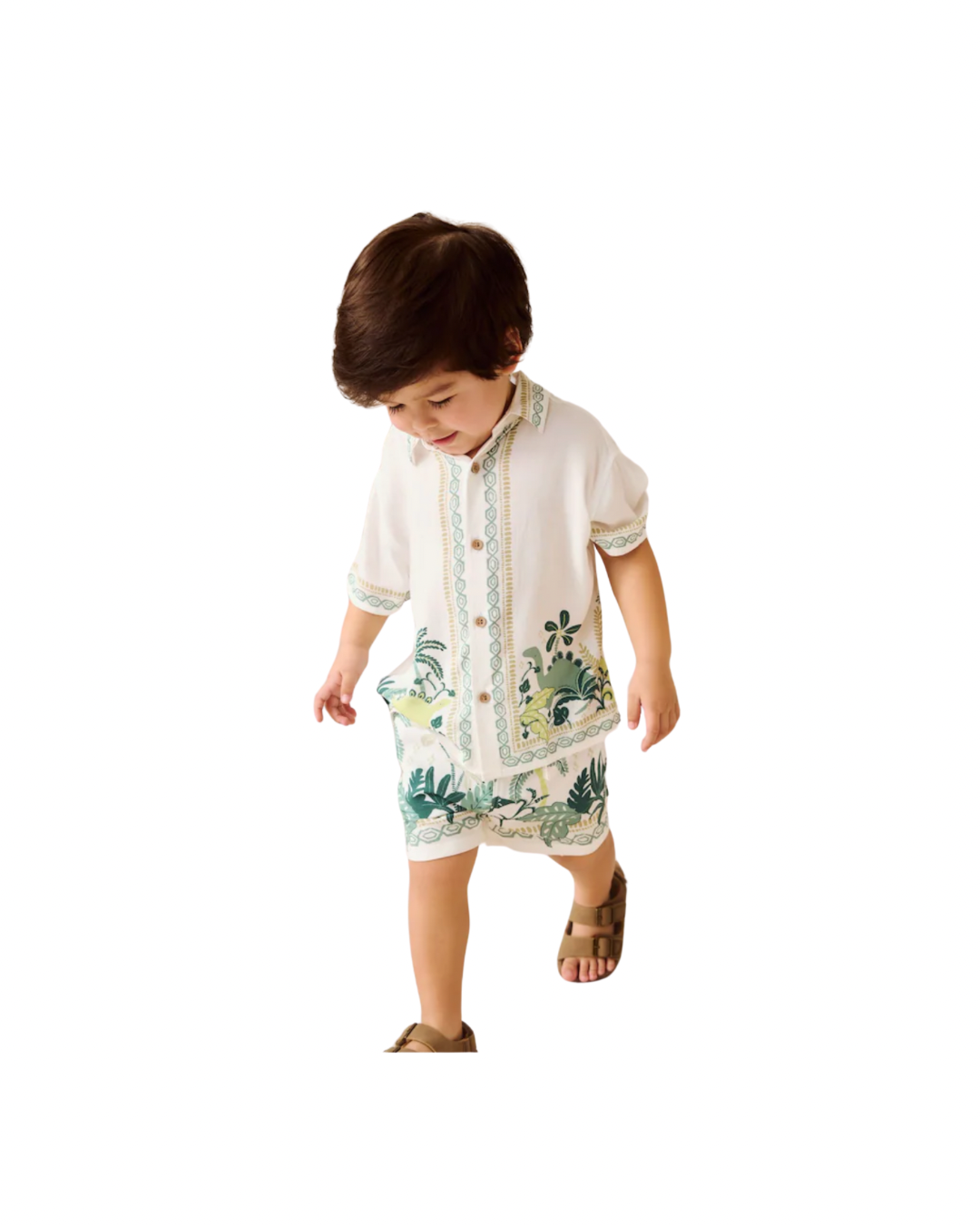 (Pre-Order) White Safari Print Border Short Sleeves Printed Shirt and Shorts Set