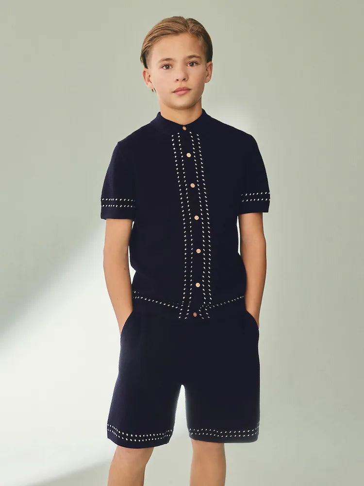 (Pre-Ordere)Next Knitted Button Through Polo Shirt and Shorts Set