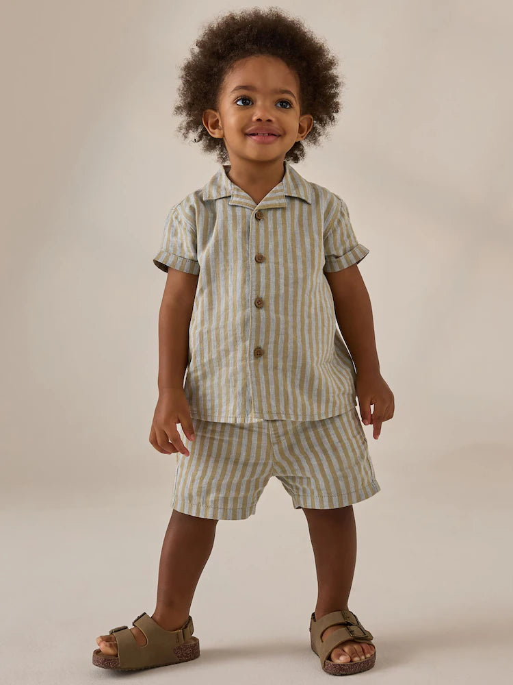 (Pre-Order) Green/Grey Short Sleeve Linen Blend Stripe Shirt and Shorts