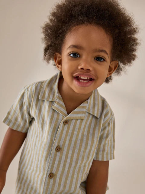 (Pre-Order) Green/Grey Short Sleeve Linen Blend Stripe Shirt and Shorts
