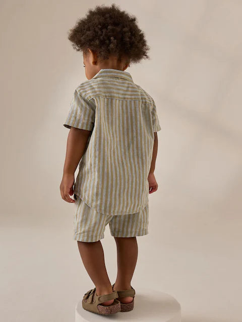 (Pre-Order) Green/Grey Short Sleeve Linen Blend Stripe Shirt and Shorts
