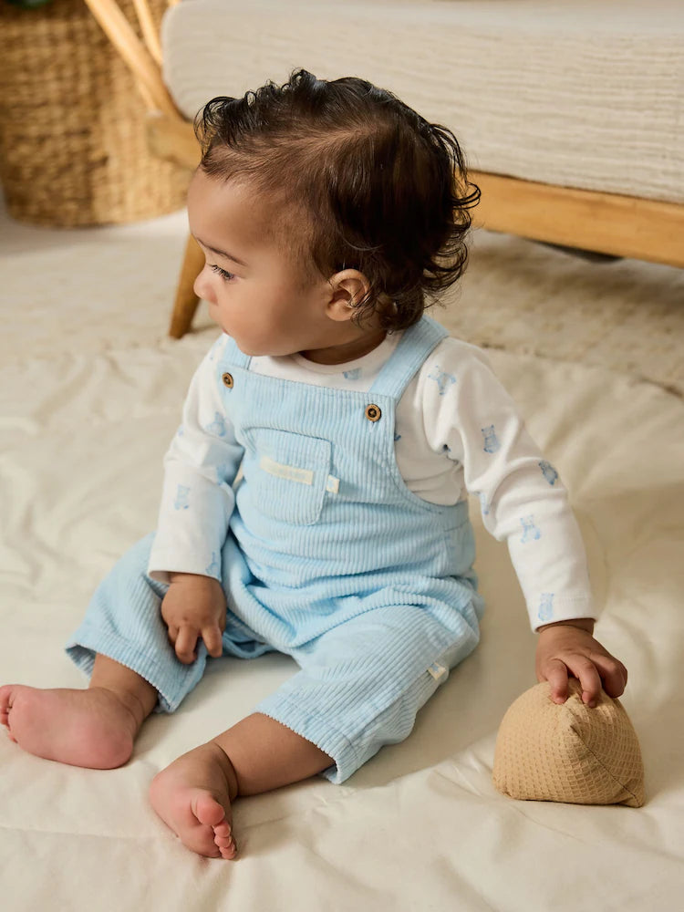 (Pre-Order) Blue Bear Cord Dungarees and Bodysuit Baby Set