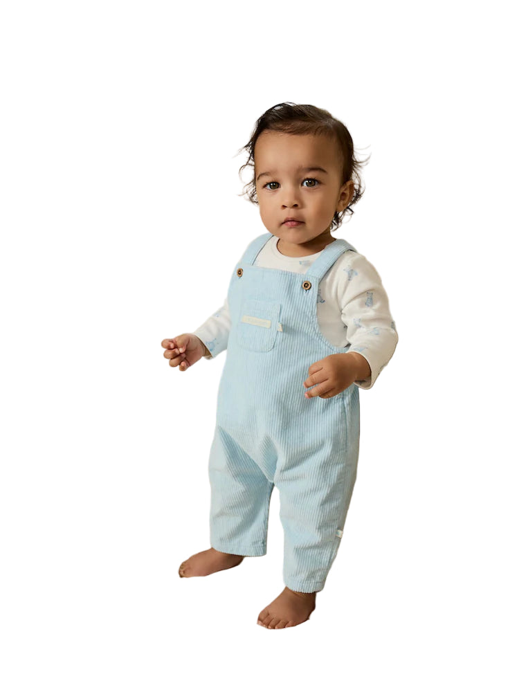 (Pre-Order) Blue Bear Cord Dungarees and Bodysuit Baby Set