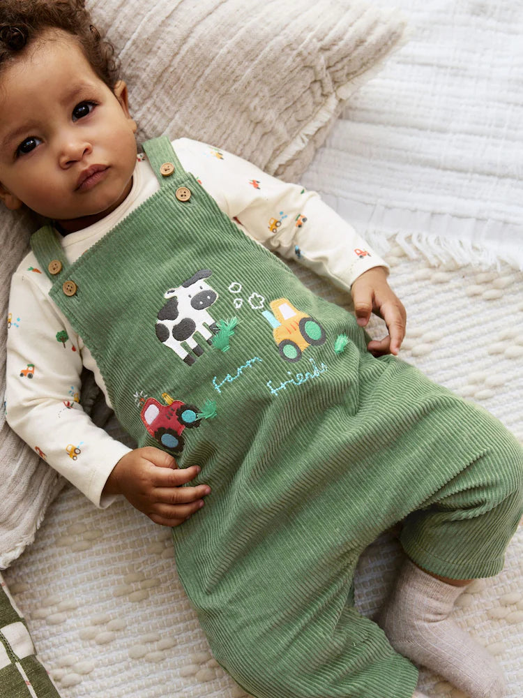 (Pre-Order) Next Green Farm Cord Dungarees and Bodysuit Baby Set