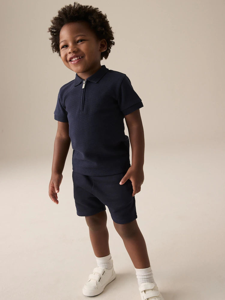 (Pre-Order) Next exture Short Sleeve Zip Neck Polo Shirt And Shorts Set