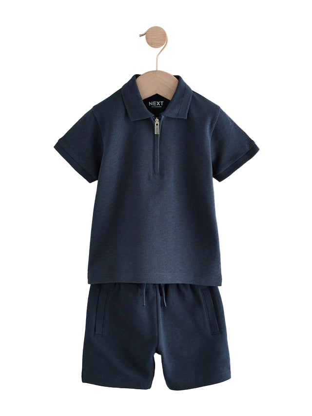 (Pre-Order) Next exture Short Sleeve Zip Neck Polo Shirt And Shorts Set