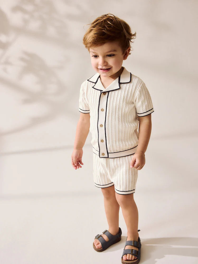 (Pre-Order) Next Ecru Knitted Button Through Polo Shirt and Shorts Set