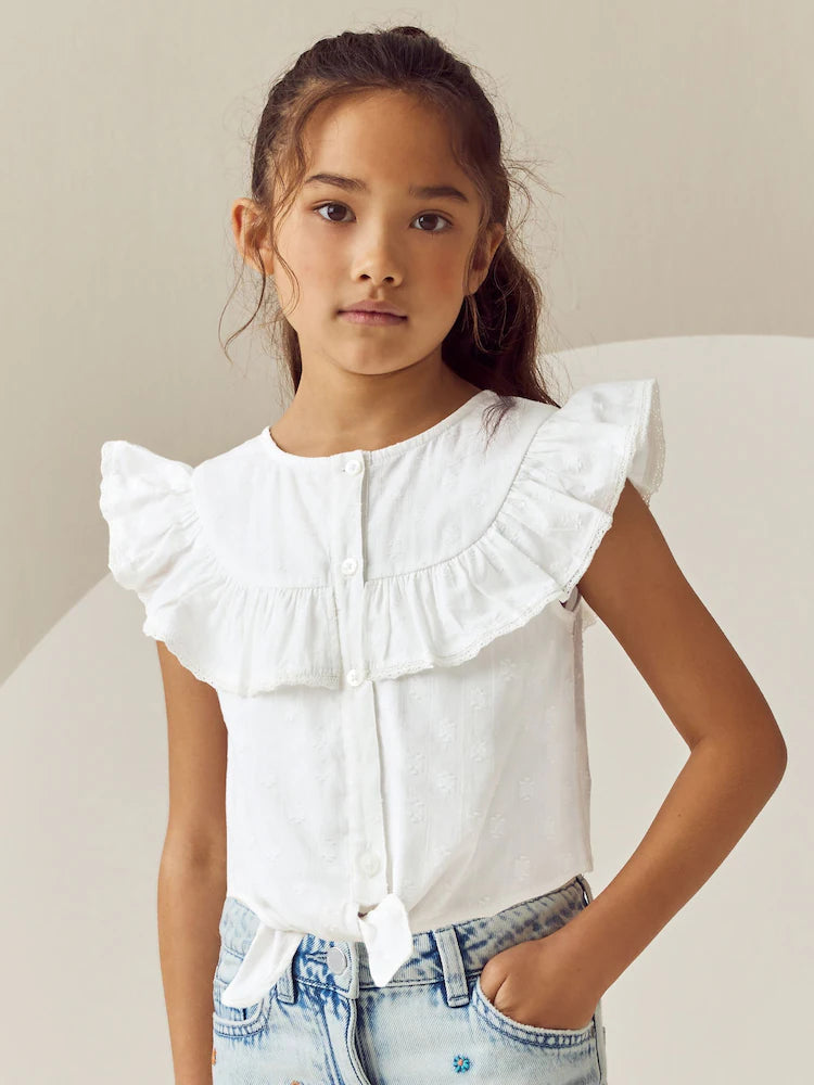 (Pre-Order) White 100% Cotton Tie Front Blouse (3-16yrs)