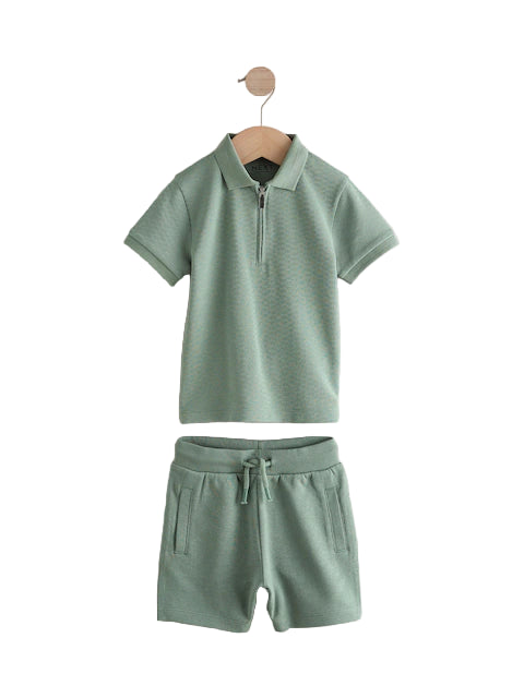 (Pre-Order) Next exture Short Sleeve Zip Neck Polo Shirt And Shorts Set