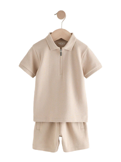 (Pre-Order) Next exture Short Sleeve Zip Neck Polo Shirt And Shorts Set