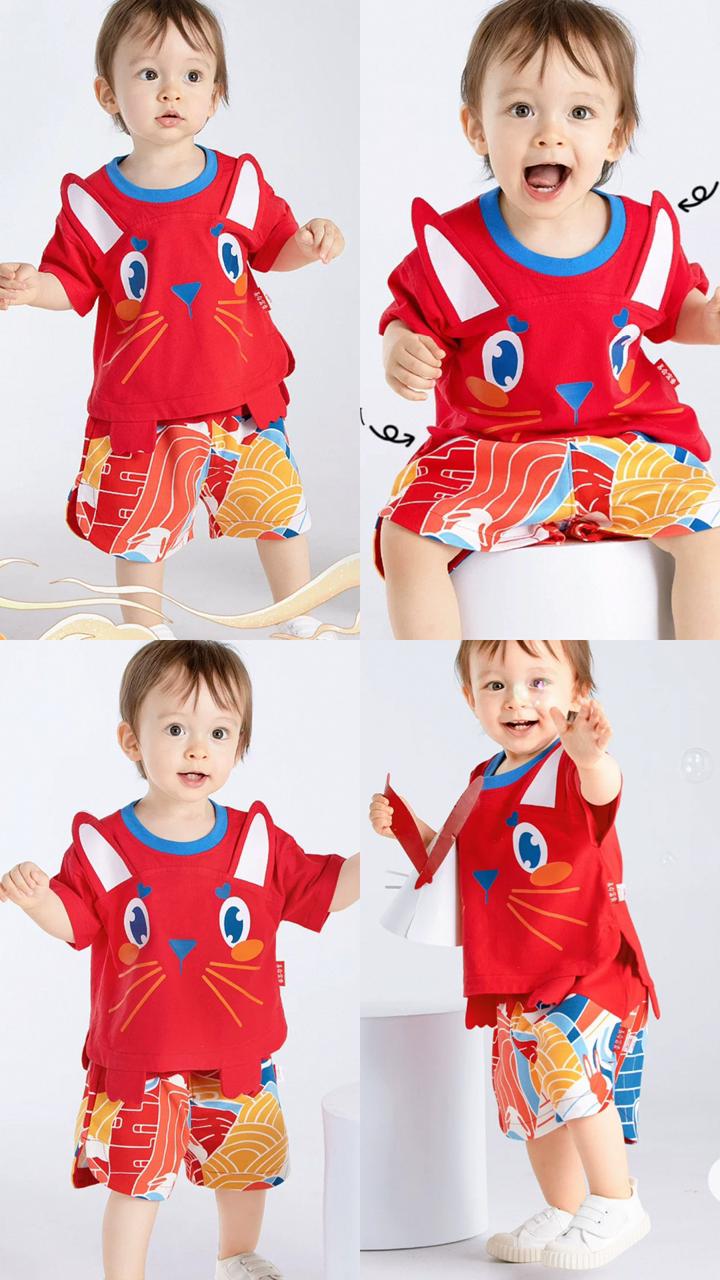 (Pre-Order) Zhang Ming Fu Red Cat Appliqué Top and Printed Shorts