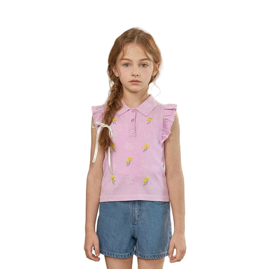 (Pre-Order) Elle Kids Ruffle Sleeve Embroidered Polo Knit Top