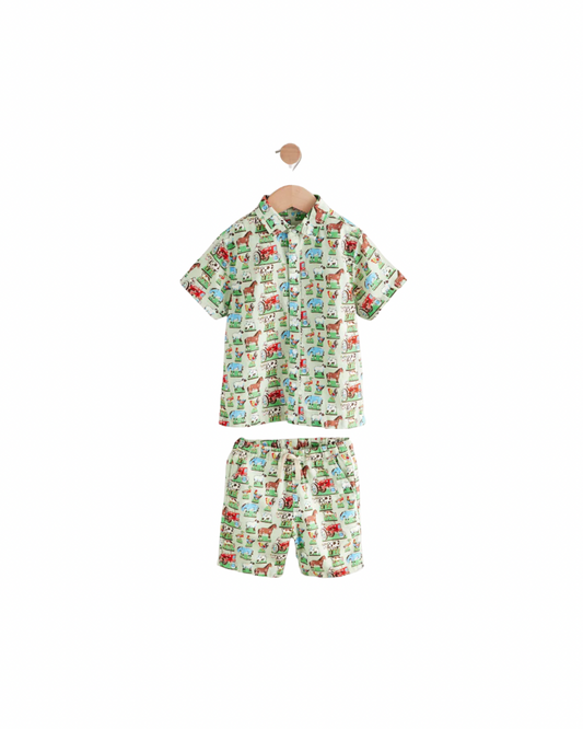 (Pre-Order) Green Farm All Over Printed Linen Blend Shirt & Shorts Set
