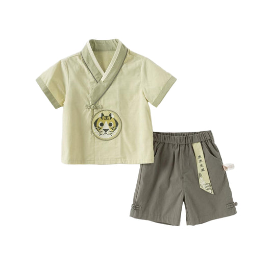(Pre-Order) Dave & Bella Boys' Five-Point Trousers Set Baby Guofeng Hanfu Two-Piece Set