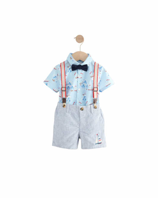 (Pre-Order) Blue/White Ship All Over Printed Shirt, Braces, Short & Bow Tie Set