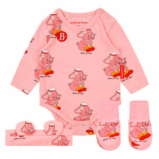 (Pre-Order) Bebedepino All-over Pink Elephant Newborn Bodysuit Set