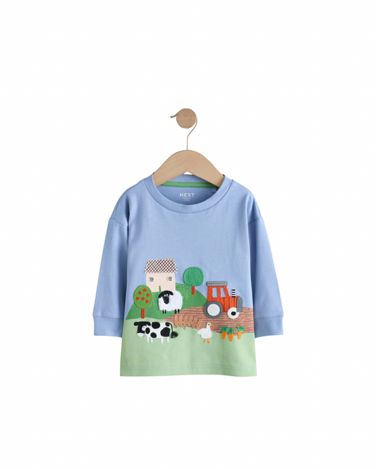 (Pre-Order) Green Farm Scene Long Sleeve Appliqué T-Shirt