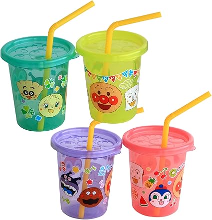 (Pre-Order) Anpanman Polypropylene Straw Cup with Lid S (180ml) 4-Piece Set