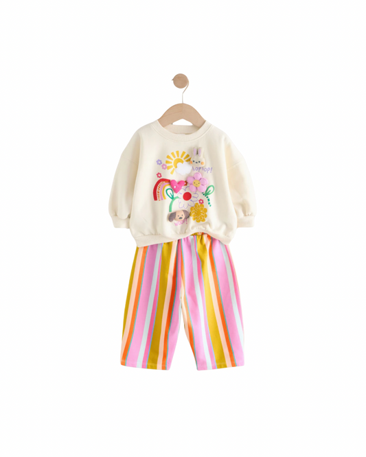 (Pre-Order) Cream Stripe Padded Characters Sweatshirt and Pants