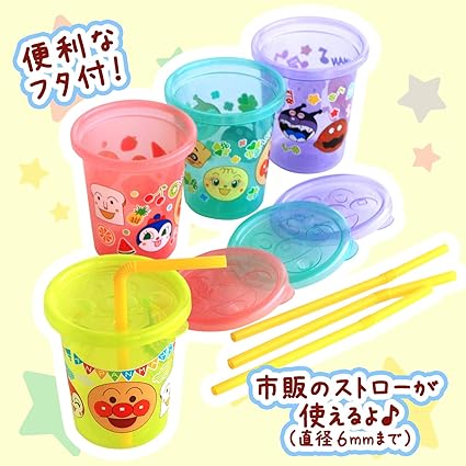 (Pre-Order) Anpanman Polypropylene Straw Cup with Lid S (180ml) 4-Piece Set