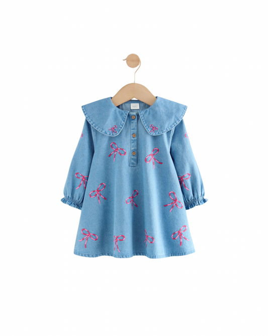 (Pre-Order) Bow Embroidered Denim Collar Dress
