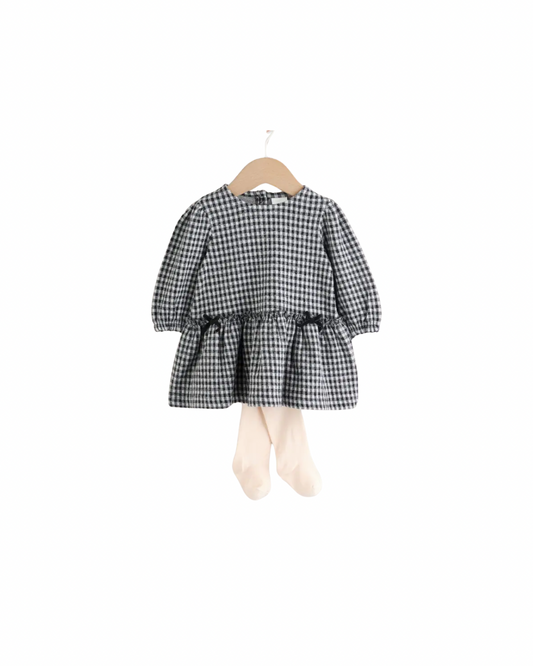 (Pre-Order) Black/Grey Gingham Baby Long Sleeve Tiered Dress with Tights
