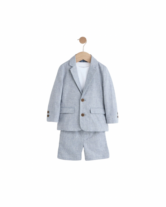 (Pre-Order) Blue Linen Blend Blazer, T-Shirt & Shorts Set