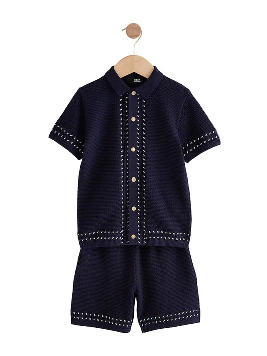 (Pre-Ordere)Next Knitted Button Through Polo Shirt and Shorts Set