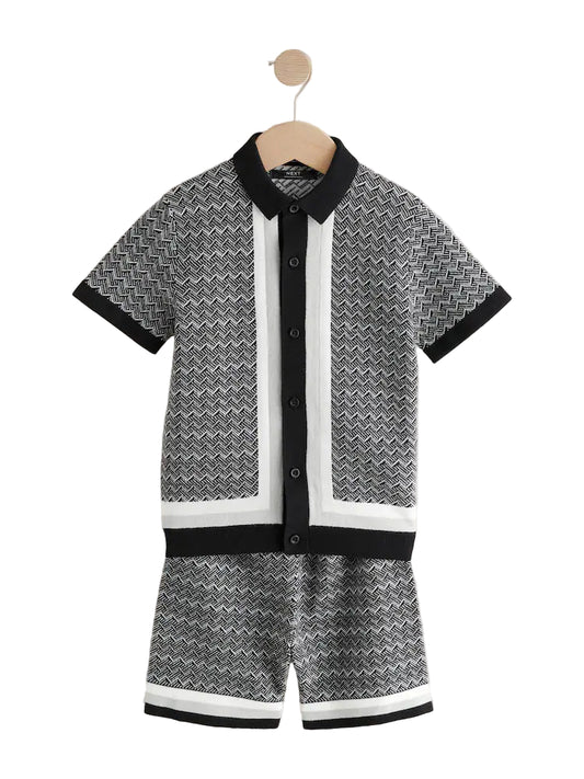 (Pre-Order) Next Monochrome Geo Knitted Button Through Polo Shirt and Shorts Set