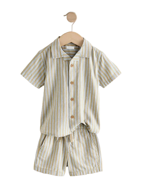 (Pre-Order) Green/Grey Short Sleeve Linen Blend Stripe Shirt and Shorts