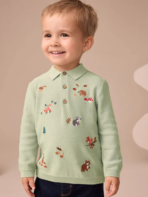(Pre-Order) Next Sage Green All-Over Embroidered Knitted Polo Shirt