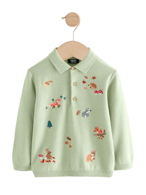 (Pre-Order) Next Sage Green All-Over Embroidered Knitted Polo Shirt
