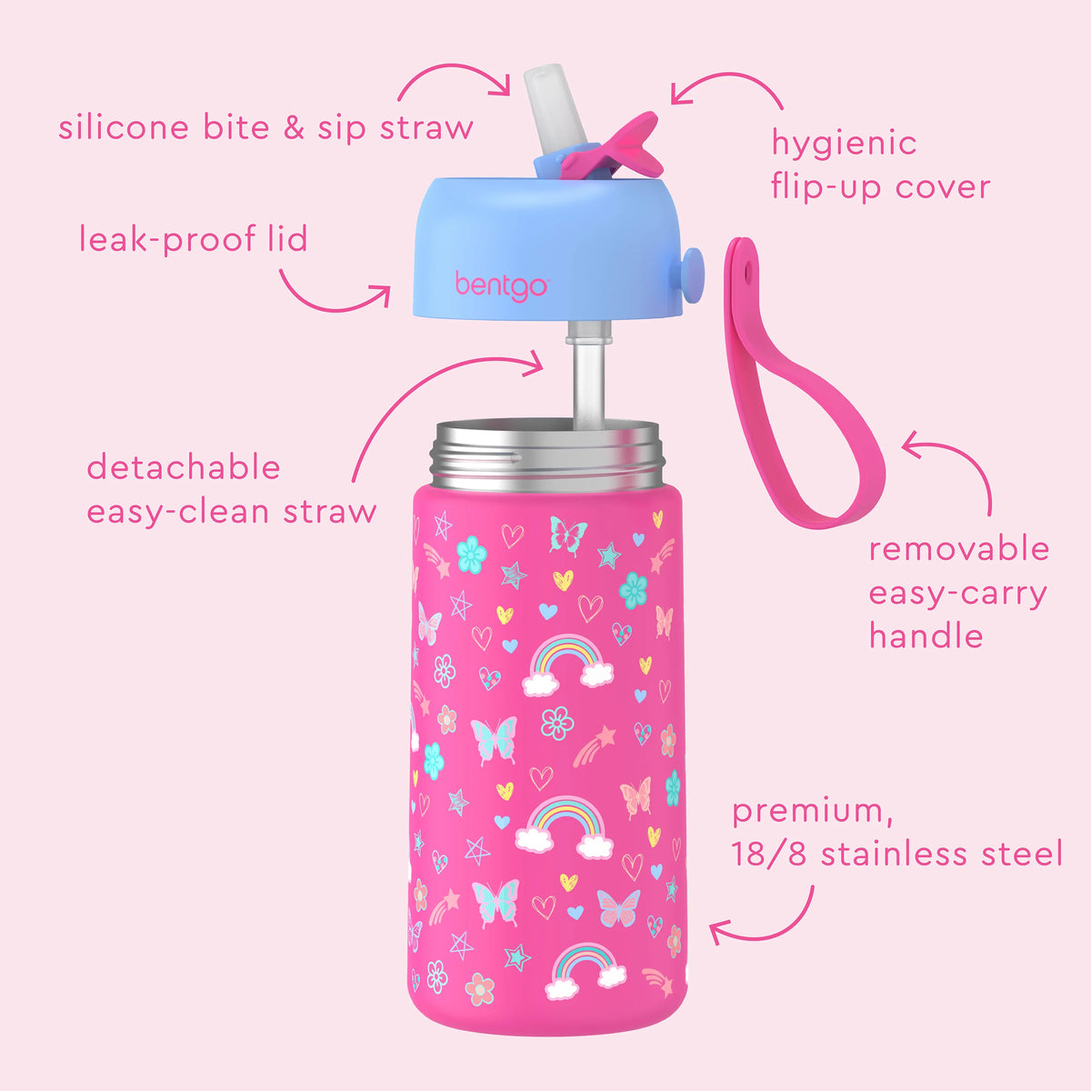 (Pre-Order) Bentgo Kids Stainless Steel Insulated Water Bottle Rainbows and Butterflies