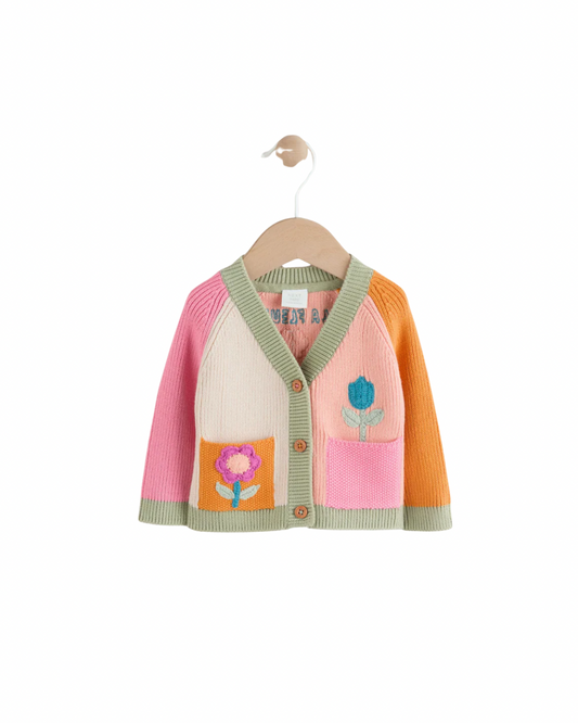 (Pre-Order) Bright Colour Block Embroidered Baby Cardigan
