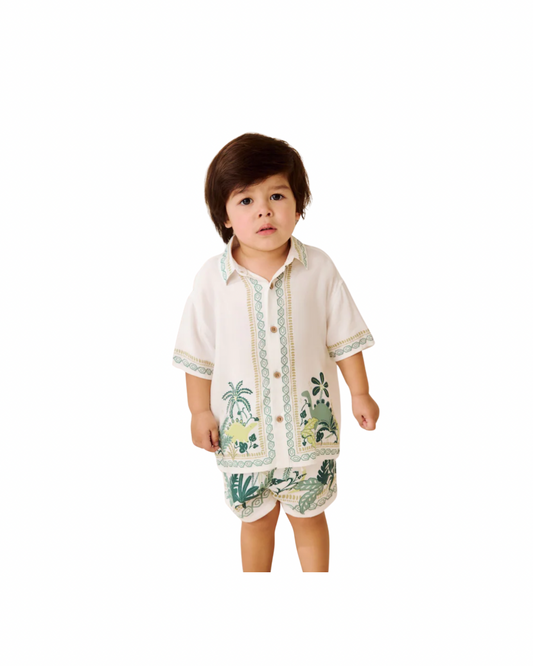 (Pre-Order) White Safari Print Border Short Sleeves Printed Shirt and Shorts Set