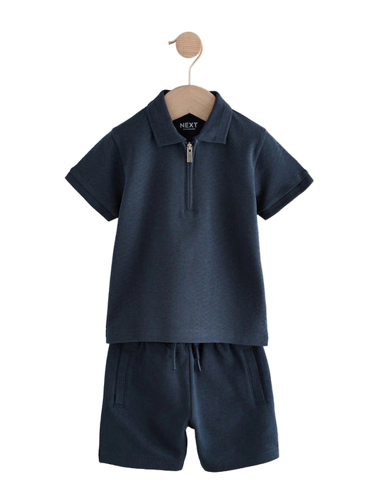 (Pre-Order) Next exture Short Sleeve Zip Neck Polo Shirt And Shorts Set