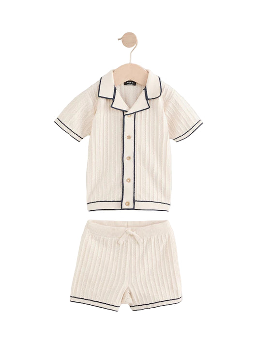 (Pre-Order) Next Ecru Knitted Button Through Polo Shirt and Shorts Set