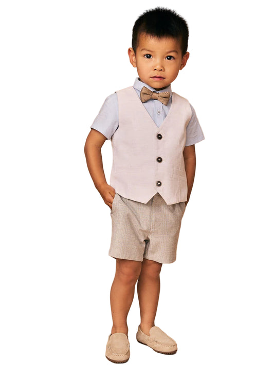(Pre-Order) Neutral Tan Waistcoat Shirt Short and Bow Tie