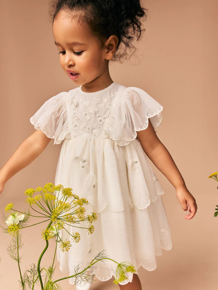 (Pre-Order) White Short Sleeve Embroidered Mesh Dress