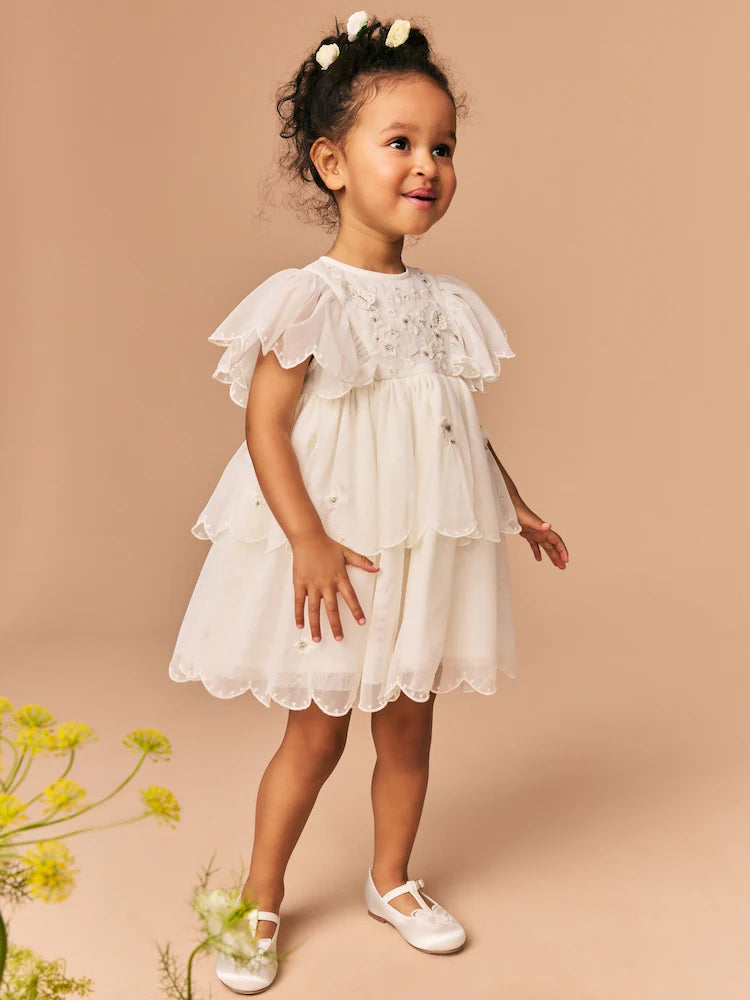 (Pre-Order) White Short Sleeve Embroidered Mesh Dress