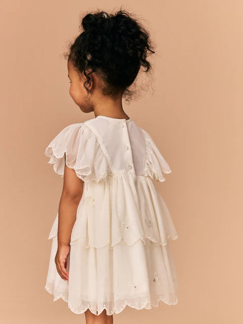 (Pre-Order) White Short Sleeve Embroidered Mesh Dress