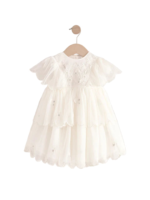 (Pre-Order) White Short Sleeve Embroidered Mesh Dress