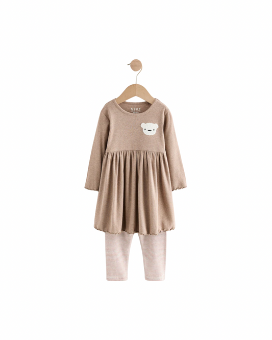(Pre-Order) Neutral Bear Long Sleeve Dress and Leggings Set