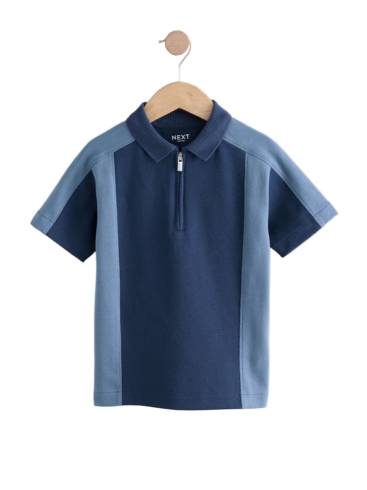 (Pre-Order) Next Stone Zip Neck Textured Colourblock Polo Shirt