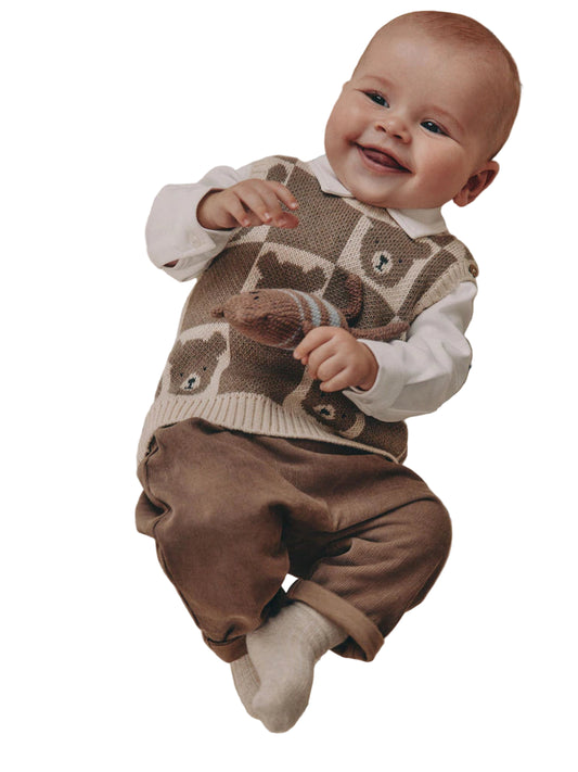(Pre-Order) Next Neutral Bear Knitted Vest Shirt and Trouser Baby Set