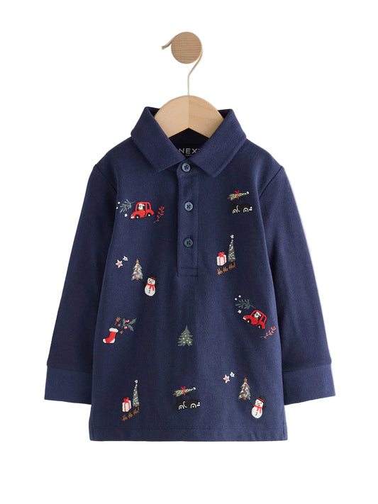 (Pre-Order) Next All-Over Embroidered Long Sleeve Polo Shirt