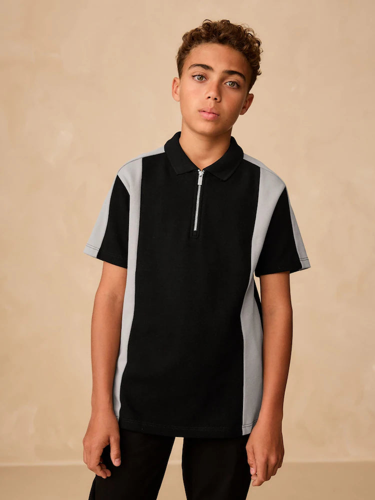 (Pre-Order) Next Stone Zip Neck Textured Colourblock Polo Shirt