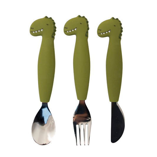 (Pre-Order) SALE Trixie Children's silicone cutlery set, 3-piece - Mr. Dino