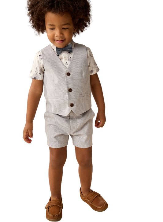 (Pre-Order) Grey Puppytooth Waistcoat/Shirt/Shorts & Bow